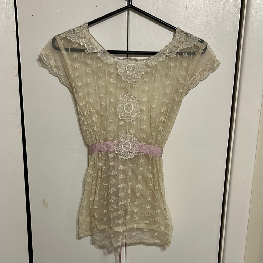 Romantic Cream Lace Top with Pink Tie